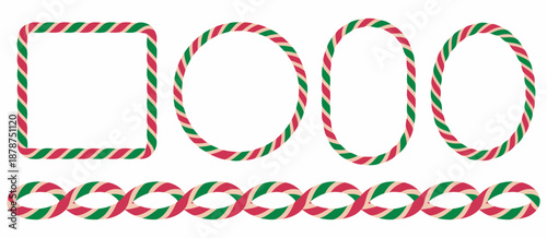 Candy cane border vector set, Christmas frames in square, circle, oval, striped lollipop pattern brushes, festive and cheerful holiday design illustrations.