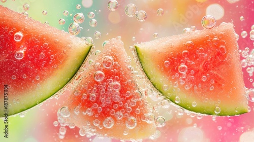 Watermelon slices in water with bubbles