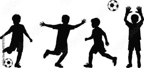 Children soccer silhouettes playing football action poses kids sports activity training teamwork isolated on white background playful youth movement illustration
