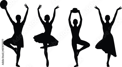 Female yoga and ballet silhouettes balancing poses with ball graceful dance fitness harmony isolated on white background minimalist wellness illustration