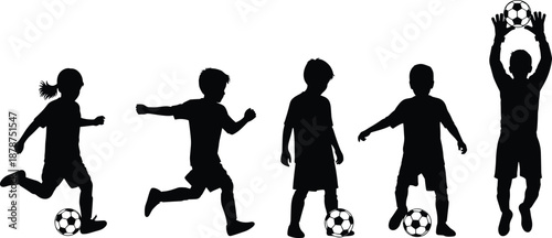 Children soccer silhouettes playing football action poses isolated on white background kids sports illustration training teamwork concept youth energy movement goalkeeping