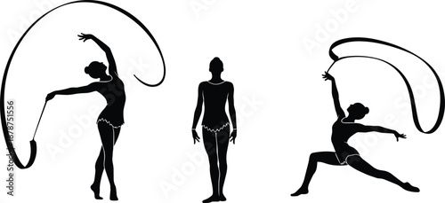 Rhythmic gymnastics silhouettes with ribbon female athletes performing elegant dance poses isolated on white background sport art illustration grace motion
