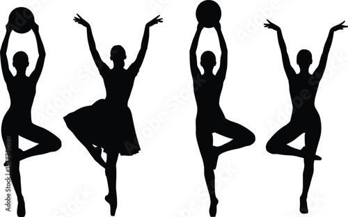 Yoga and ballet silhouettes balancing poses with ball graceful female fitness dance harmony isolated on white background minimalist wellness illustration concept