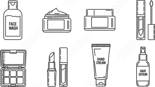 Cosmetic products, skincare and makeup line art, beauty and personal care