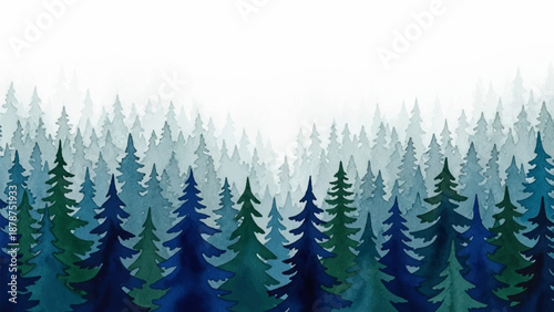 A breathtaking watercolor landscape painting of a dense evergreen forest in shades of deep blue and green, with a misty, ethereal background