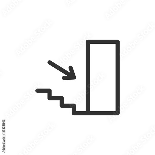 Stairs with downward arrow, linear icon. Decline, decrease, or step down. Line with editable stroke.