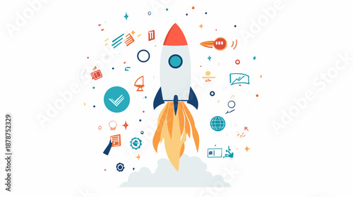 Colorful Cartoon Rocket Ship Launching Upwards.