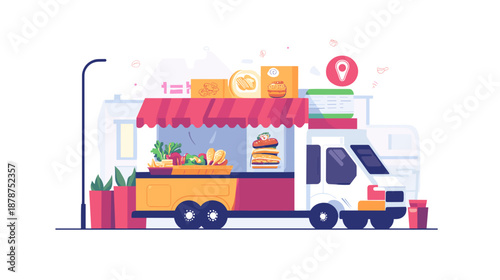 Colorful Food Truck with Red Awning.