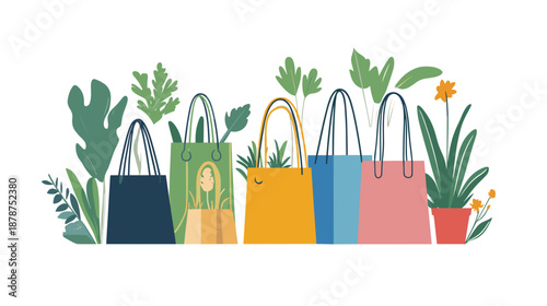 Colorful Shopping Bags with Green Plants.