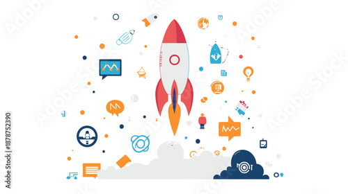 Colorful Rocket Ship Launching with Icons.