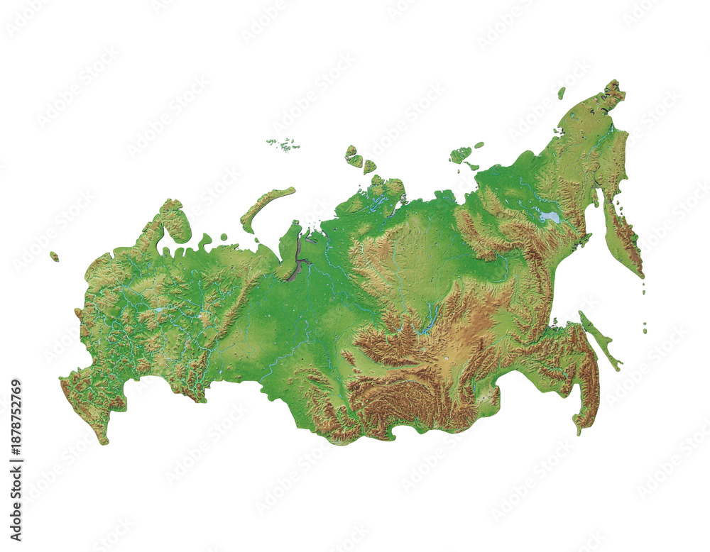 Naklejka premium Topographic relief map of russia with vivid green lowlands and brown highlands