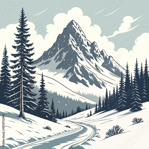 Snowy mountain landscape with road and pine trees winter landscape