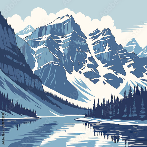 Glacier covered mountains beside calm icy water snow