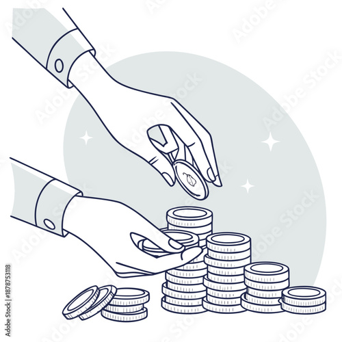 Realistic hands creating balanced coin piles coins