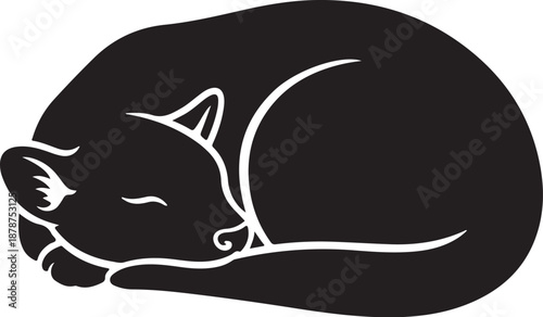 Sleeping Black Cat Silhouette with White Outline and Background