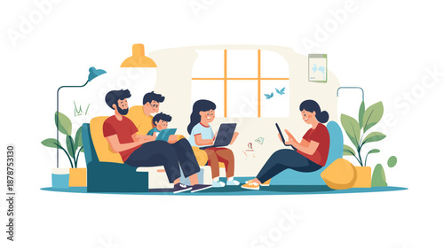 Family Using Laptops and Tablet Together.