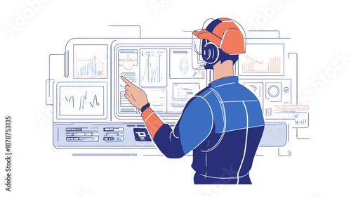 Engineer in hard hat analyzing data.