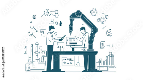 Engineers working with robotic arm machinery.