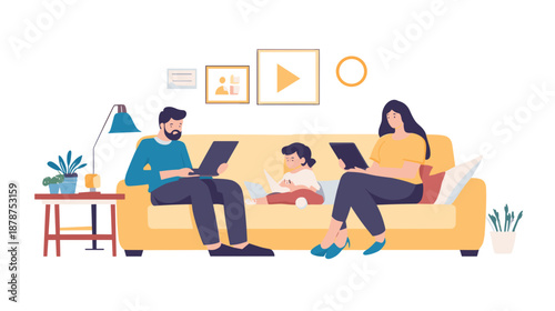 Family Using Laptops on Sofa Together.