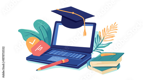 Laptop with Graduation Cap and Books 1.