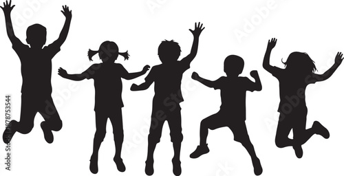 Silhouettes of happy children jumping in the air together