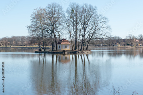 house on the lake. Swan Lake with a house