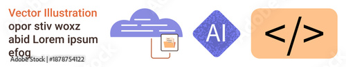 Technology, programming, data storage, AI, coding, cloud services. Cloud icon, AI symbol and coding angle brackets featured. technology and programming concepts