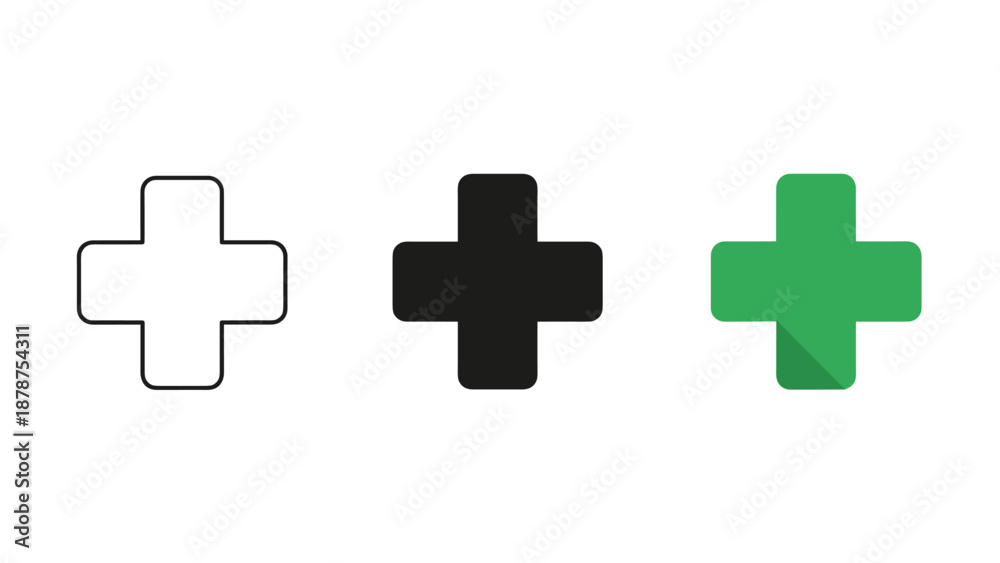 Fototapeta premium Three plus signs in different styles outline filled black and green with shadow on white background