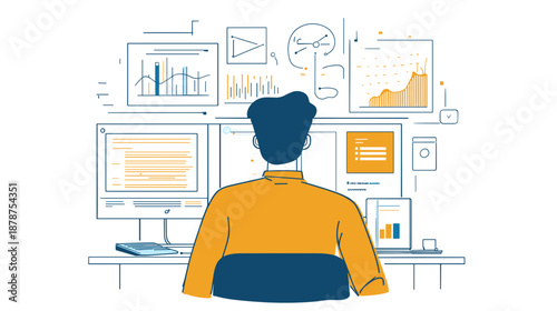 Man Working on Computer with Charts.