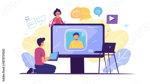 Man Working on Computer with Large Monitor.