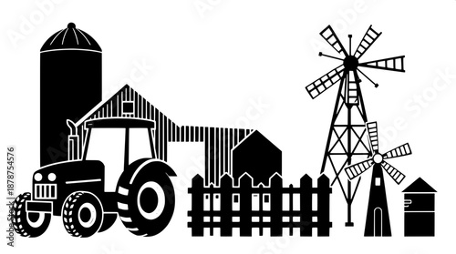Flat vector farm icon illustration featuring black solid shapes of a stylized tractor with bold lines, a rustic barn with a sloping roof, a tall grain silo with a conical top, a wooden fence with vert