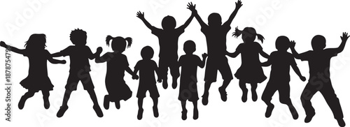 Silhouette of happy children jumping in the air together