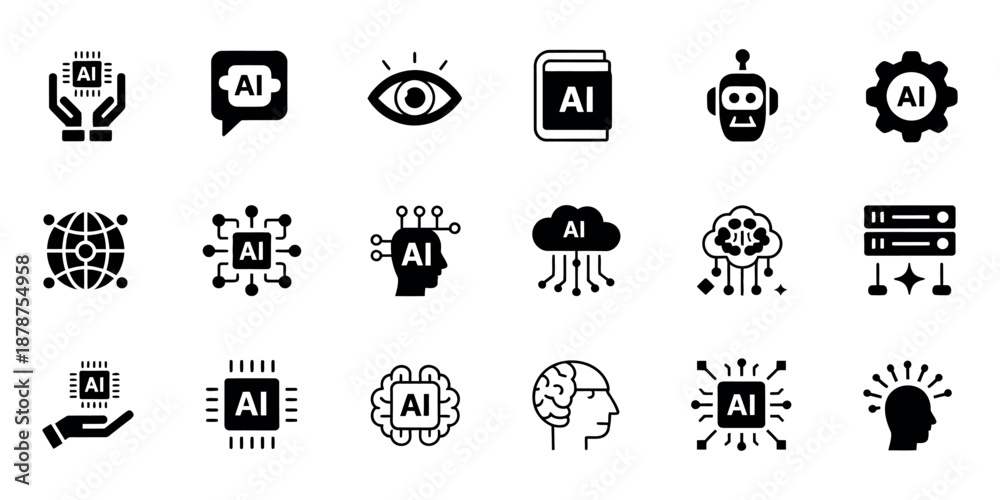 Fototapeta premium Artificial Intelligence Icon Set featuring brain, robotics, and machine learning technology symbols
