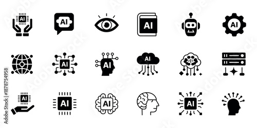 Artificial Intelligence Icon Set featuring brain, robotics, and machine learning technology symbols