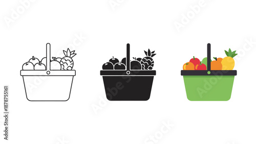 Three colorful shopping baskets filled with various fresh fruits and vegetables in different illustration
