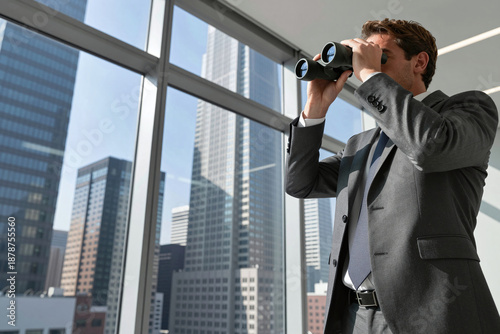 Man in suit in his work office, using binoculars to look outside the window at a skyscraper building opposite, spying on rival company's clients and business dealings. Corporate espionage concept.