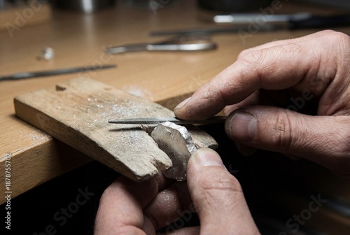 Hand Filing Metal on a Jeweler’s Bench: Precision Craft in Detail