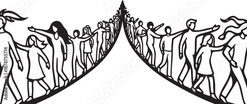 Diverse group of people walking in two lines apart