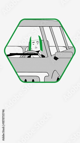 Minimal winter animation showing a calm person enjoying a cold season walk and drive. Cozy winter mood, slow lifestyle, peaceful weather concept for travel, lifestyle and seasonal projects.