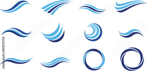 Abstract blue wave and swirl logo icons set for water motion and modern branding design