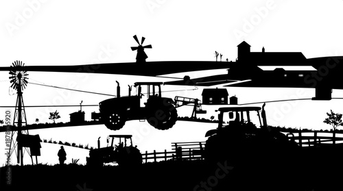 High contrast farm vector art featuring black silhouettes of tractor machinery, rural buildings, and a windmill, set amidst a serene countryside theme, with a focus on bold lines and flat black shapes