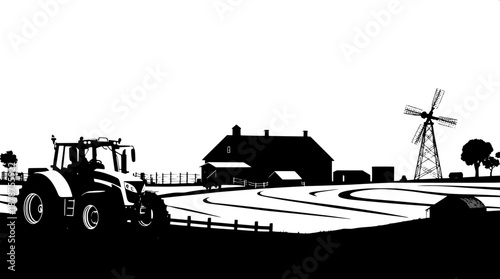 High contrast farm vector art featuring black silhouettes of tractor machinery, rural buildings, and a windmill, set amidst a serene countryside theme, with a focus on bold lines and flat black shapes
