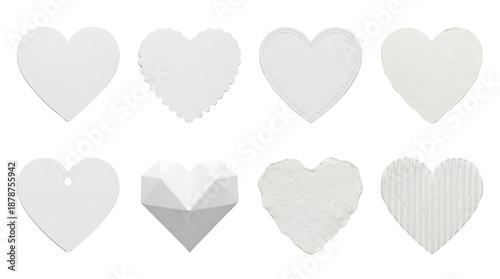 White paper heart set including scalloped, stitched, corrugated, faceted, torn, and tag styles isolated. Valentine's day decoration and romantic craft concept.
