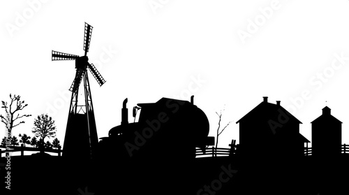High contrast farm vector art featuring black silhouettes of tractor machinery, rural buildings, and a windmill, set amidst a serene countryside theme, with a focus on bold lines and flat black shapes