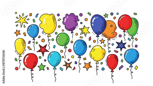 Colorful balloons and stars floating in air, celebrating a joyful event or party atmosphere