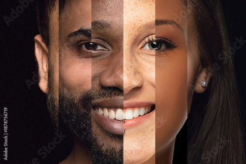 Photos Portrait collage with diverse male and female faces merged vertically