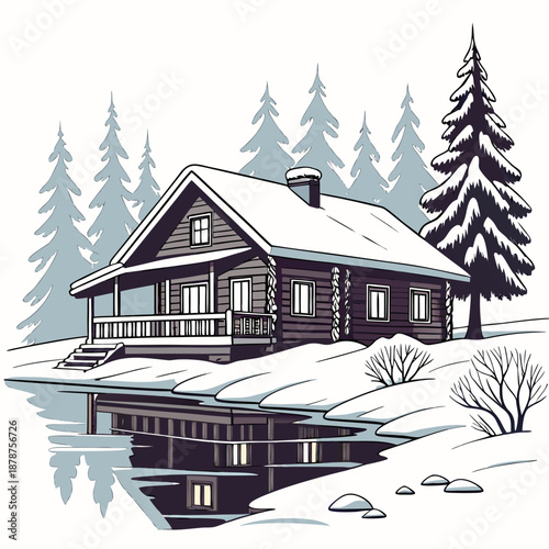 Snow covered wooden cabin with reflective water surface surrounded by evergreen trees