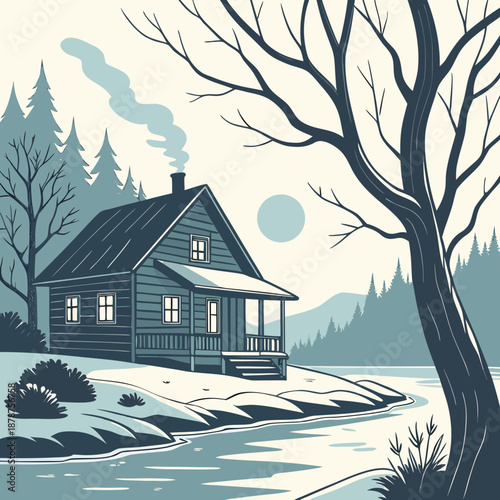 Isolated winter hut near calm water soft lighting isolated house