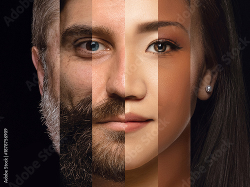 Studio portrait collage combining diverse human facial features. Concept of diversity awareness, inclusive identity, equality communication, and modern social values.