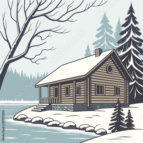 Wooden lakeside cabin under snowy winter sky with trees